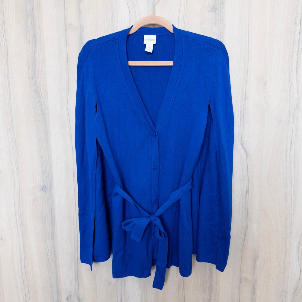 Chico's Women Cardigan M Blue Cape Sleeve Belted Button Front Career Royal Chic